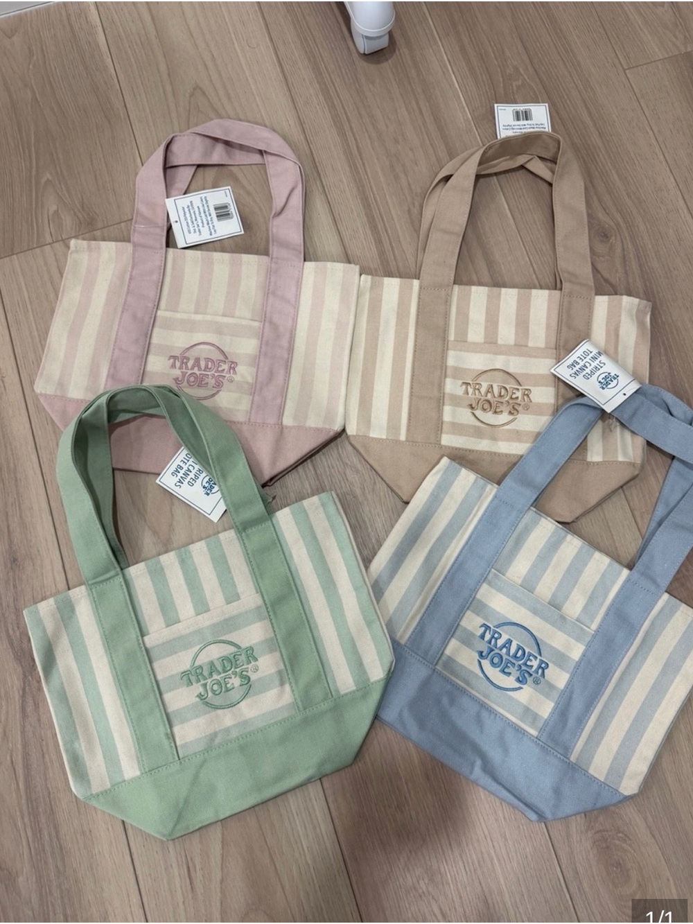 Trader Joe's Striped Canvas Tote Bag - Pastel Pink, Tan, Sage, Blue